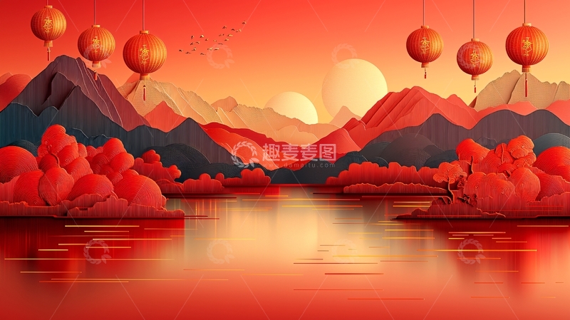 高清大图下载【趣麦麦图】红色山水灯笼唯美中国风