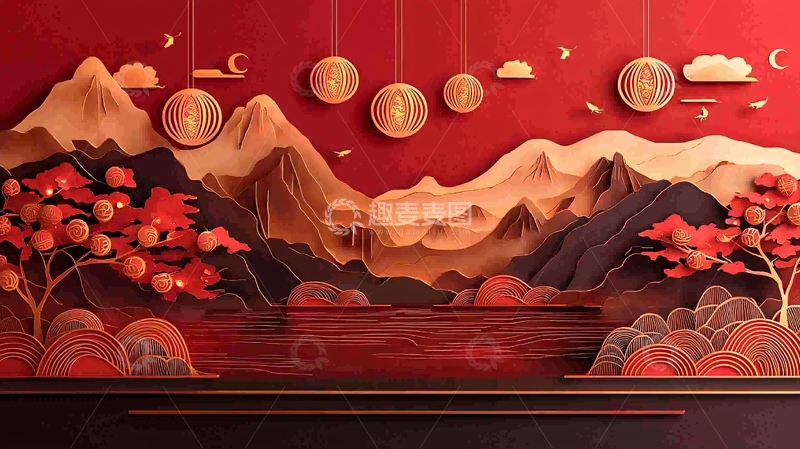 高清大图下载【趣麦麦图】红色山水背景