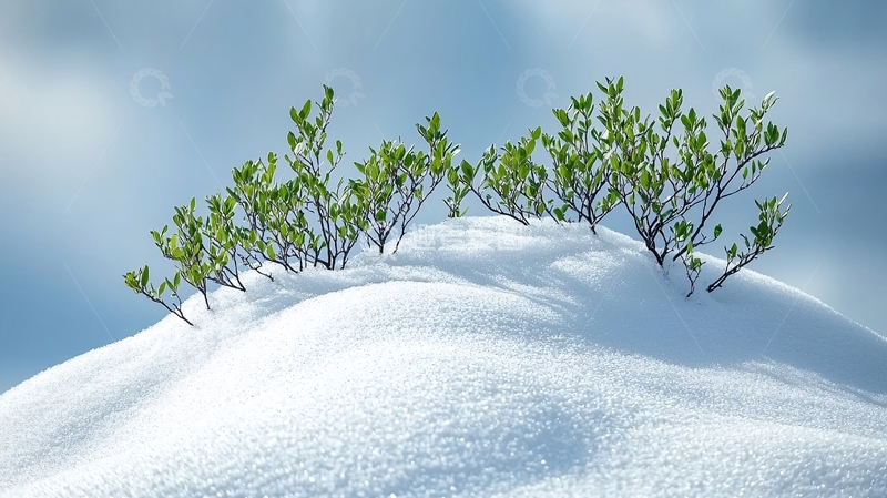 高清大图下载【趣麦麦图】雪地上的绿色灌木