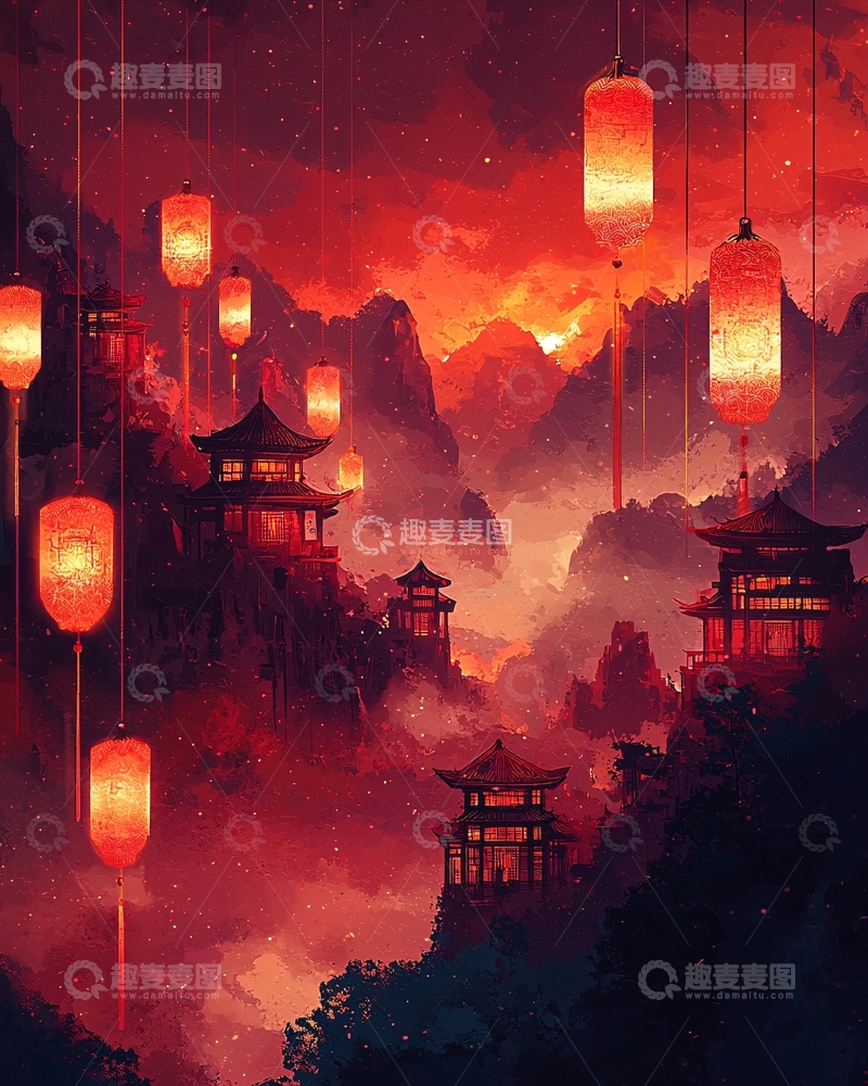 高清大图下载【趣麦麦图】红光笼罩的山间庙宇