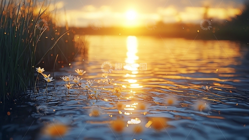 高清大图下载【趣麦麦图】夕阳西下水面花朵
