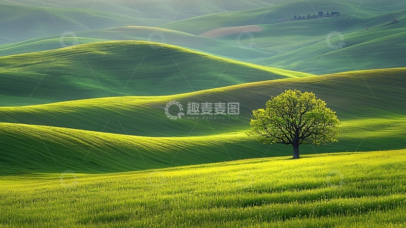 高清大图下载【趣麦麦图】绿色丘陵上的孤树