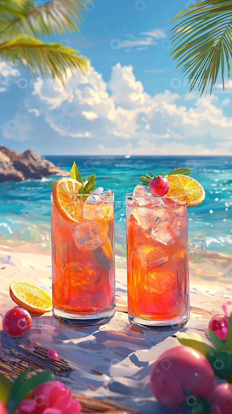 高清大图下载【趣麦麦图】海边沙滩清爽夏日饮品
