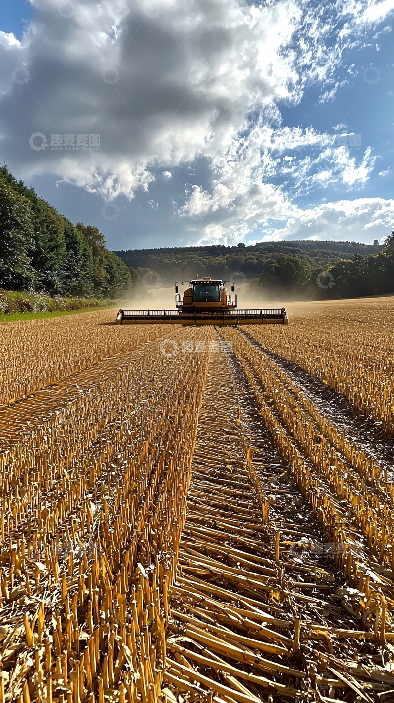 高清大图下载【趣麦麦图】收割机在金黄麦田作业