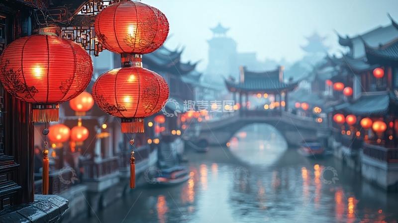 高清大图下载【趣麦麦图】古镇夜景红灯笼