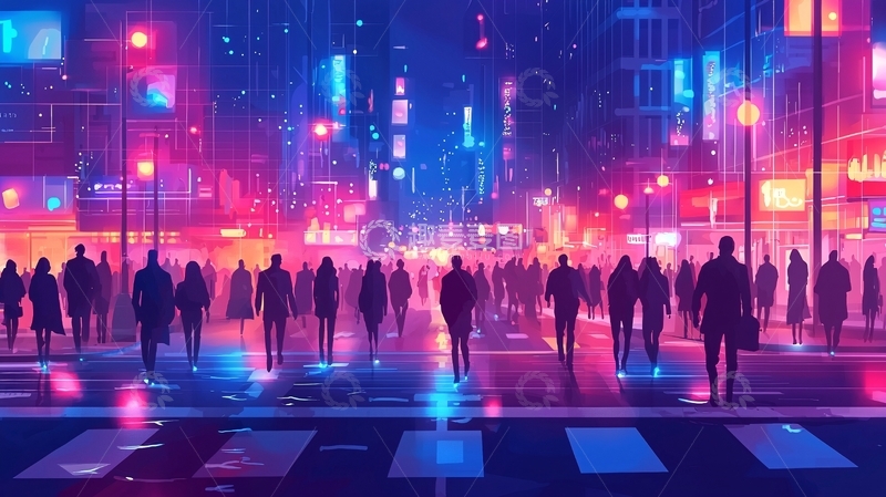 高清大图下载【趣麦麦图】霓虹灯下的都市夜景人群