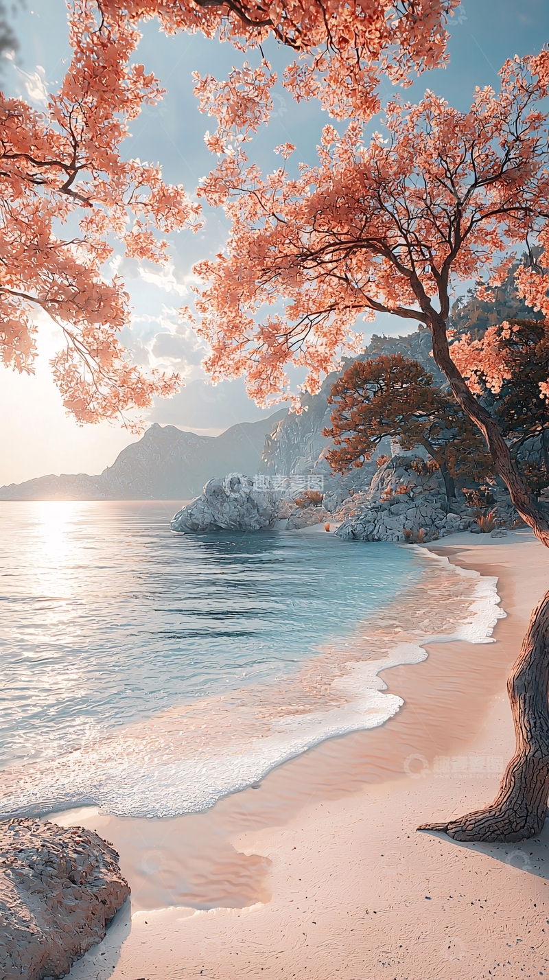 高清大图下载【趣麦麦图】粉色树木海滩日出