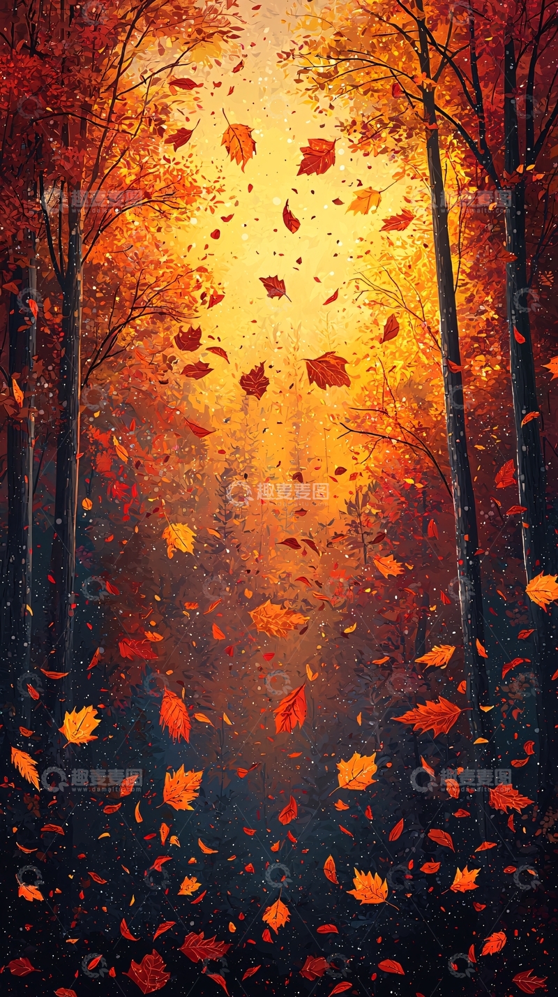 高清大图下载【趣麦麦图】秋叶飘落森林意境图