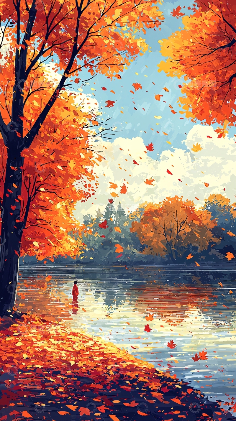 高清大图下载【趣麦麦图】秋日湖边落叶树