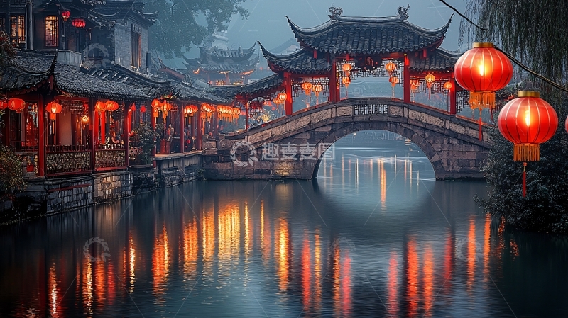 高清大图下载【趣麦麦图】古镇夜景