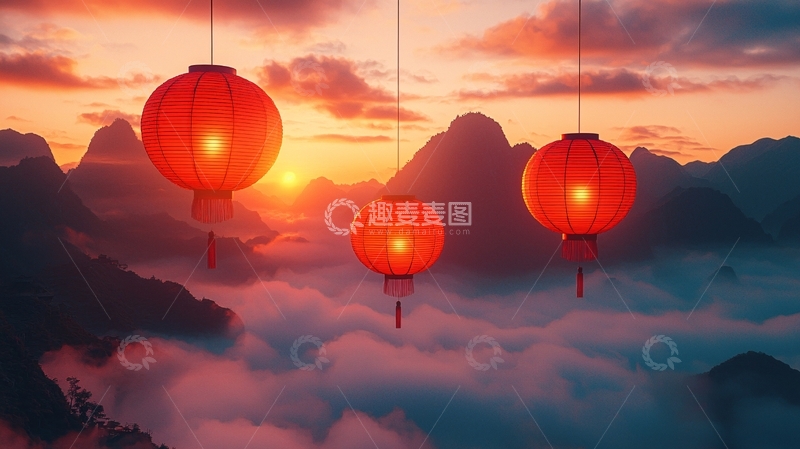 高清大图下载【趣麦麦图】红灯笼日出山峰云海