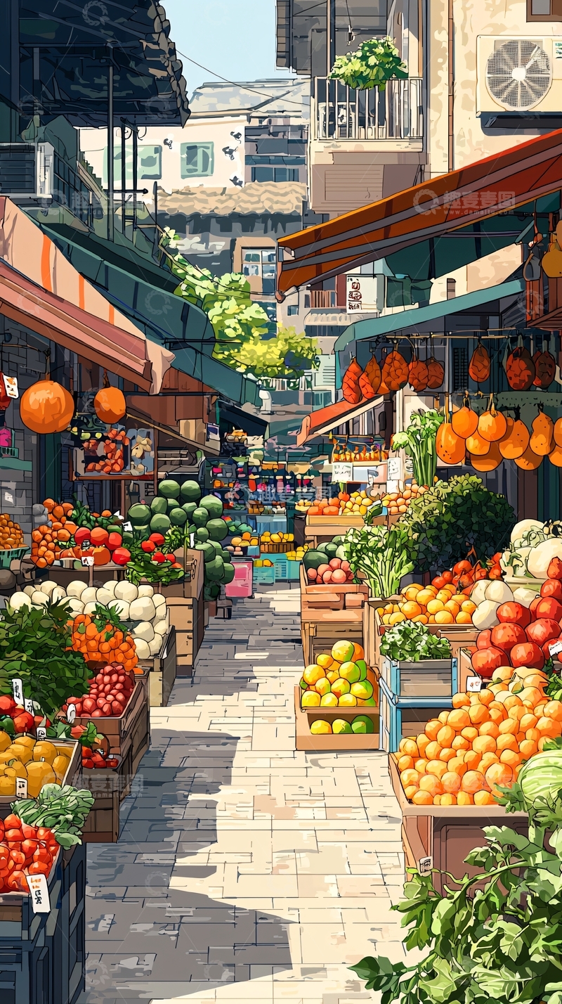 高清大图下载【趣麦麦图】阳光下的露天市场