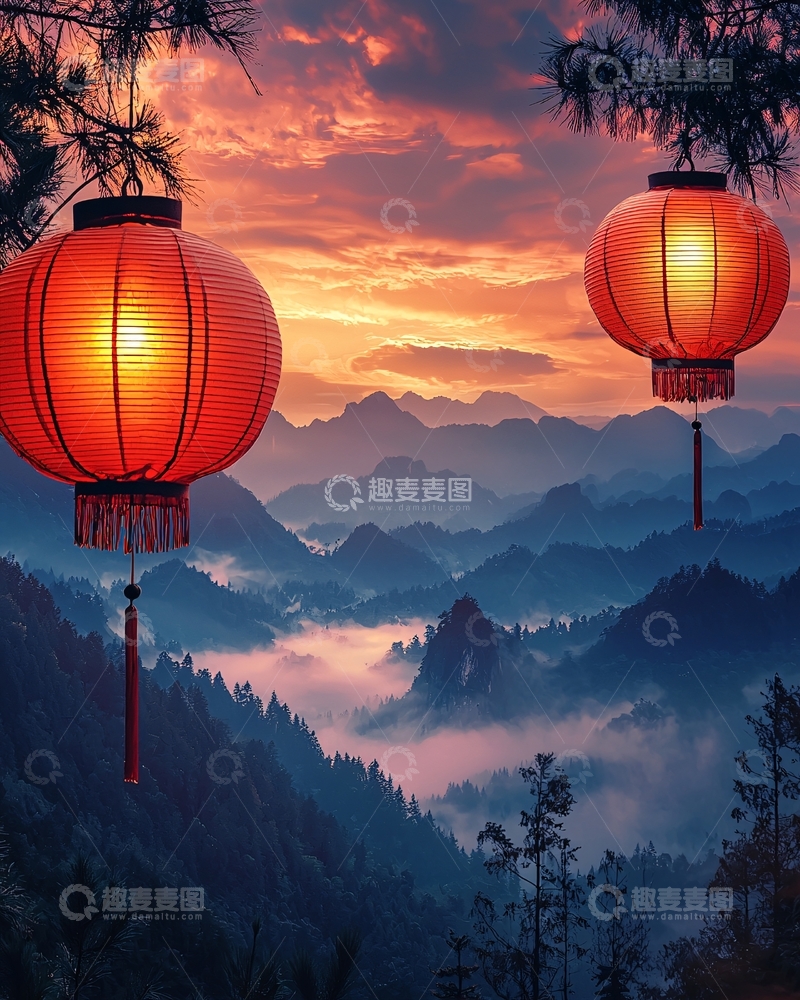 高清大图下载【趣麦麦图】日出山峦红灯笼