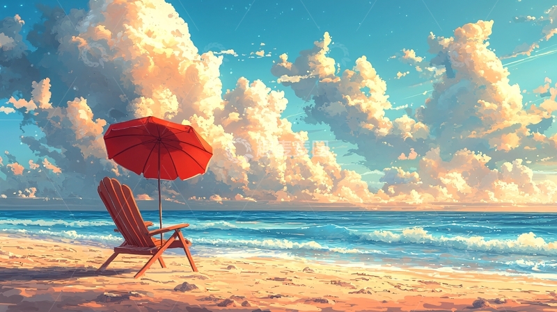 高清大图下载【趣麦麦图】海滩躺椅红伞蓝天白云