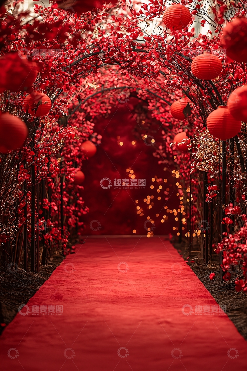 高清大图下载【趣麦麦图】喜庆红色花灯隧道