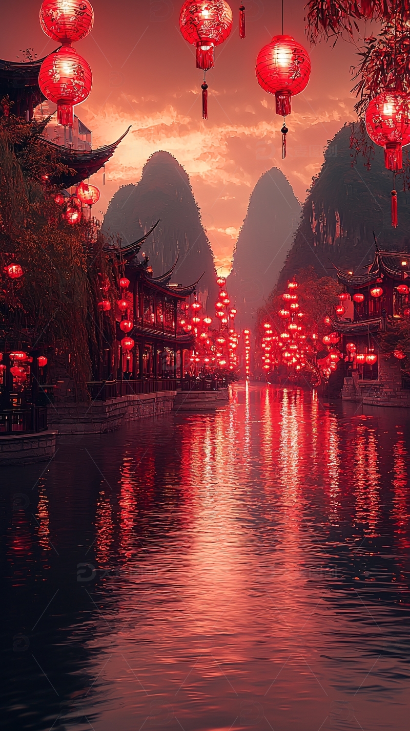 高清大图下载【趣麦麦图】红灯笼倒映水中古镇