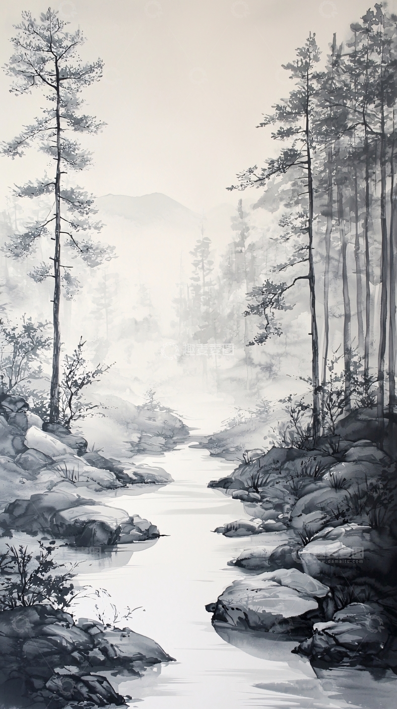 高清大图下载【趣麦麦图】黑白山水画