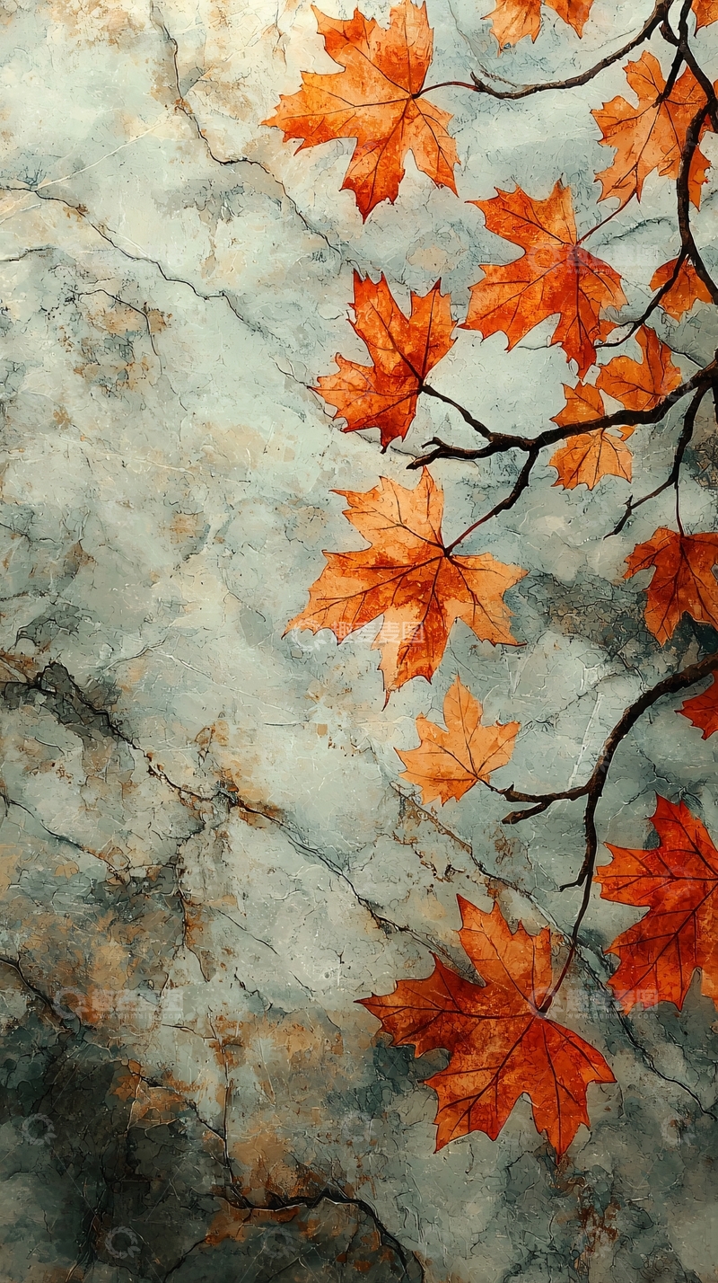 高清大图下载【趣麦麦图】秋叶石壁水彩画