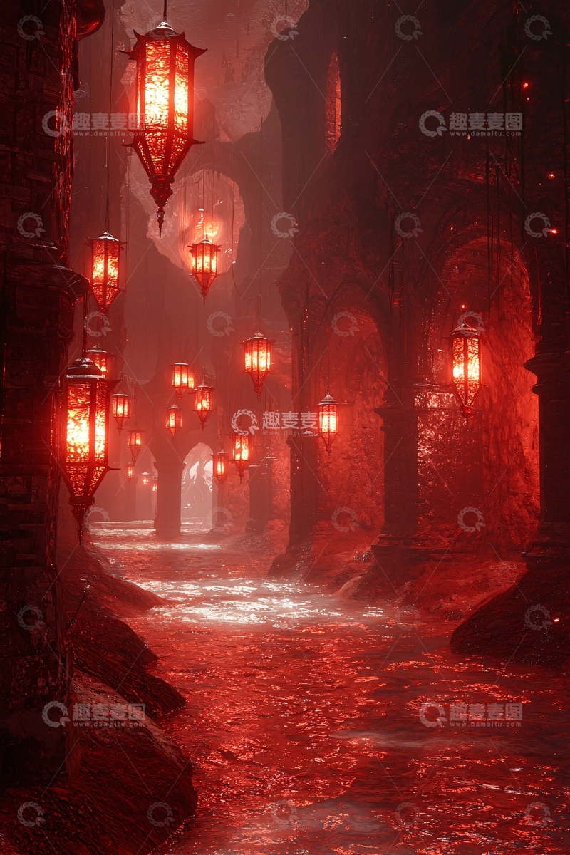 高清大图下载【趣麦麦图】暗红岩洞悬挂灯笼长廊