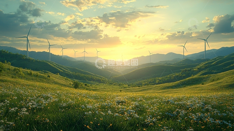 高清大图下载【趣麦麦图】山峦夕阳风力发电