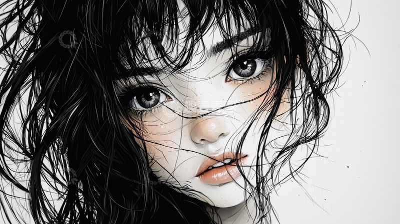 高清大图下载【趣麦麦图】黑发女孩侧脸写实插画