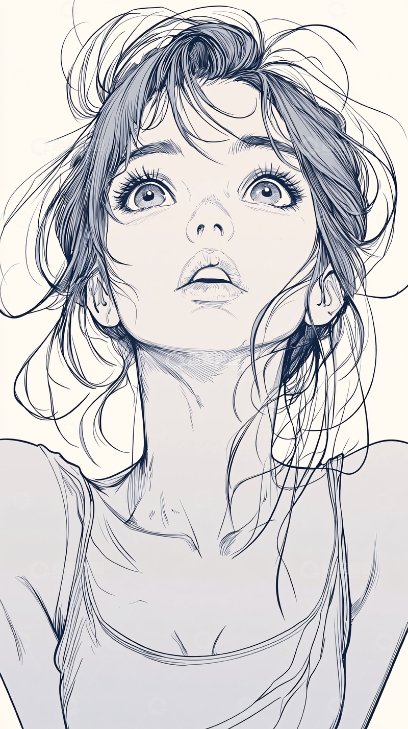 高清大图下载【趣麦麦图】仰望天空的少女素描