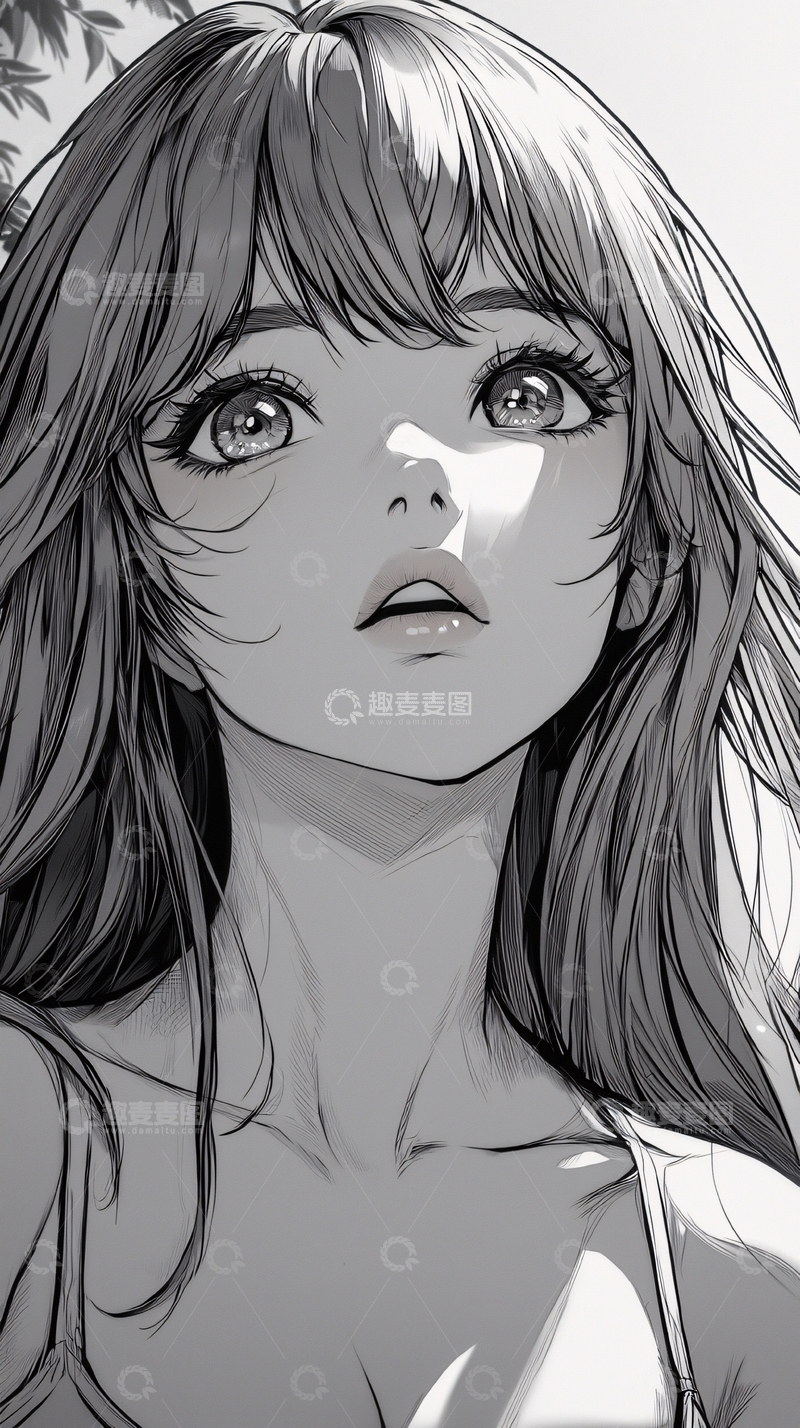 高清大图下载【趣麦麦图】黑白动漫少女
