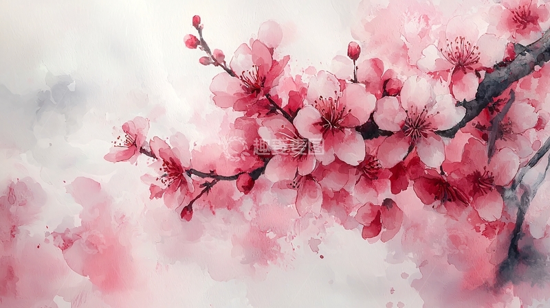 高清大图下载【趣麦麦图】粉红色水彩樱花枝条
