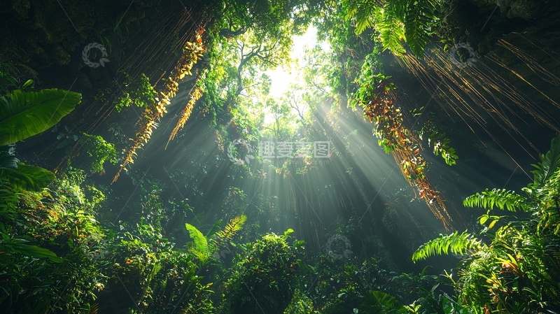 高清大图下载【趣麦麦图】阳光透过洞穴照射茂密雨林