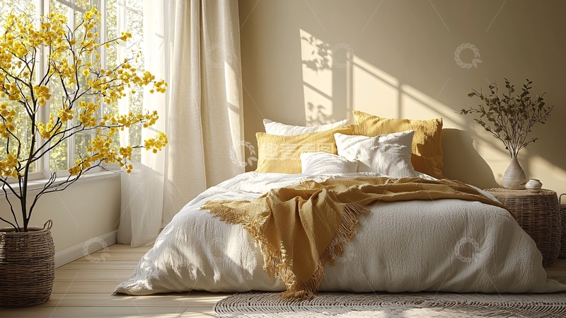 高清大图下载【趣麦麦图】阳光洒进卧室的温馨床铺