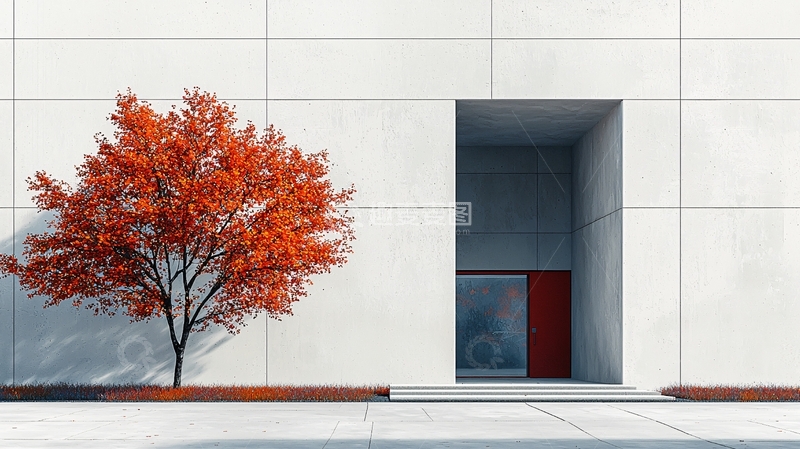 高清大图下载【趣麦麦图】红叶树与白色建筑
