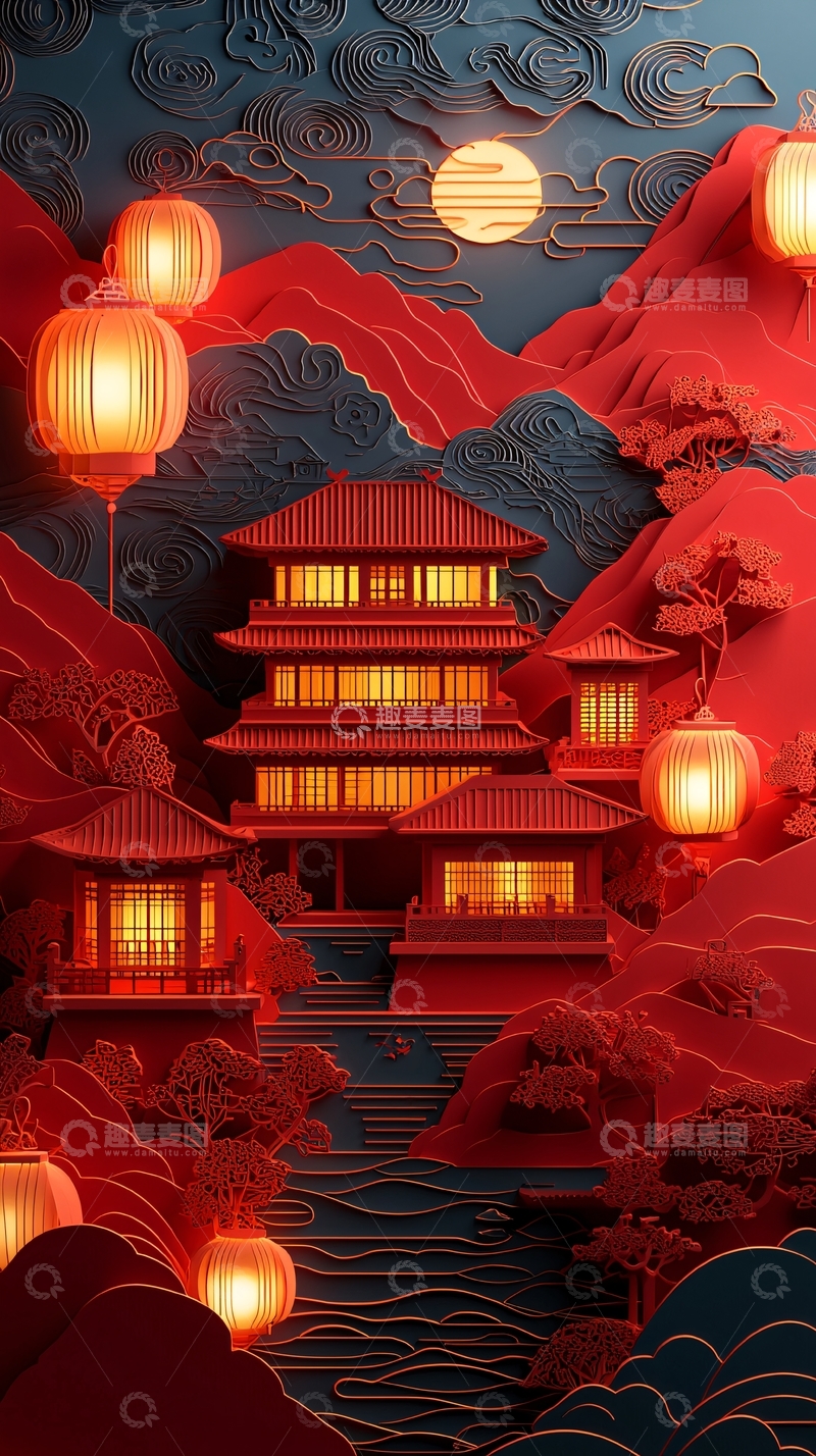 高清大图下载【趣麦麦图】红纸剪影中国风建筑