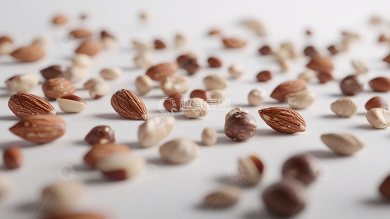 高清大图下载【趣麦麦图】散落在白色背景上的各种坚果