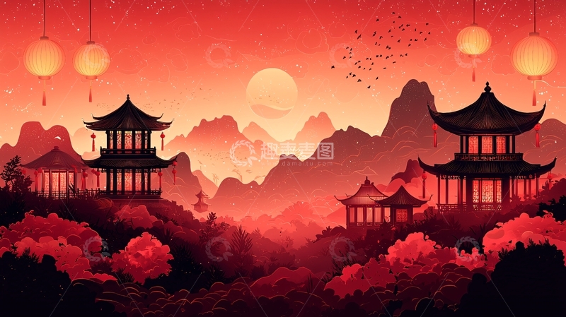 高清大图下载【趣麦麦图】红日山峦下的中国古建筑