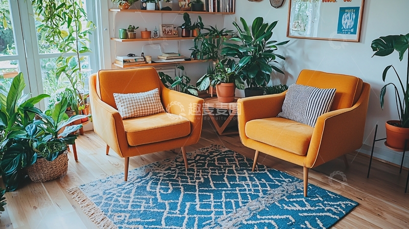高清大图下载【趣麦麦图】明亮客厅两张芥末黄扶手椅