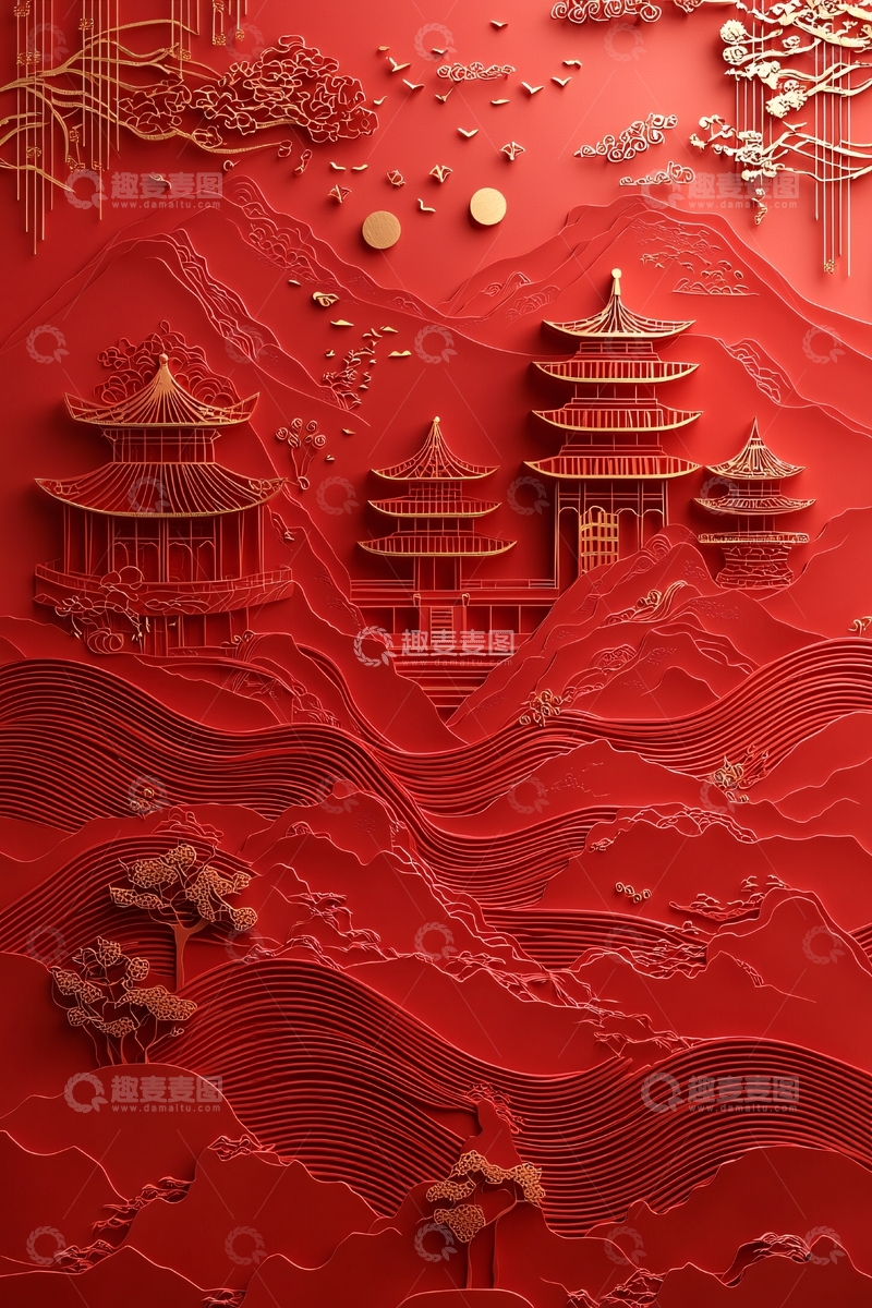 高清大图下载【趣麦麦图】红色中国风山水楼阁画