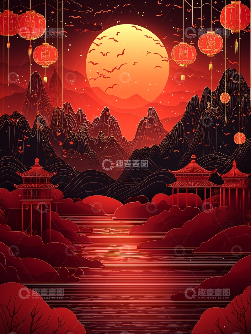 高清大图下载【趣麦麦图】-红月山景中国风灯笼