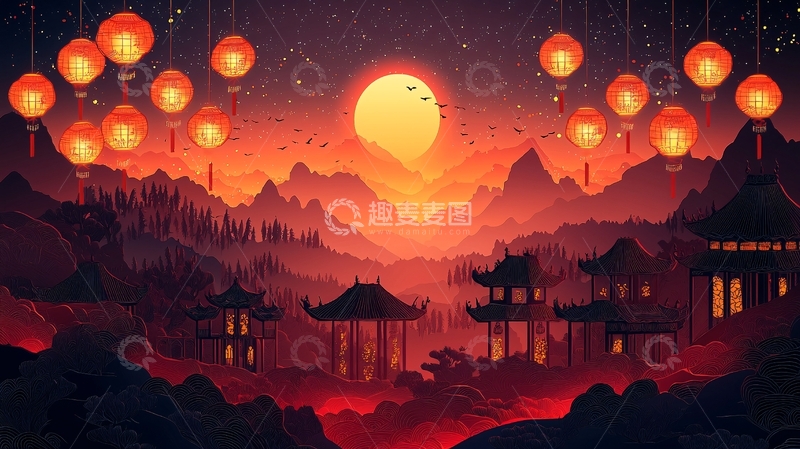 高清大图下载【趣麦麦图】红灯笼山峦夜景