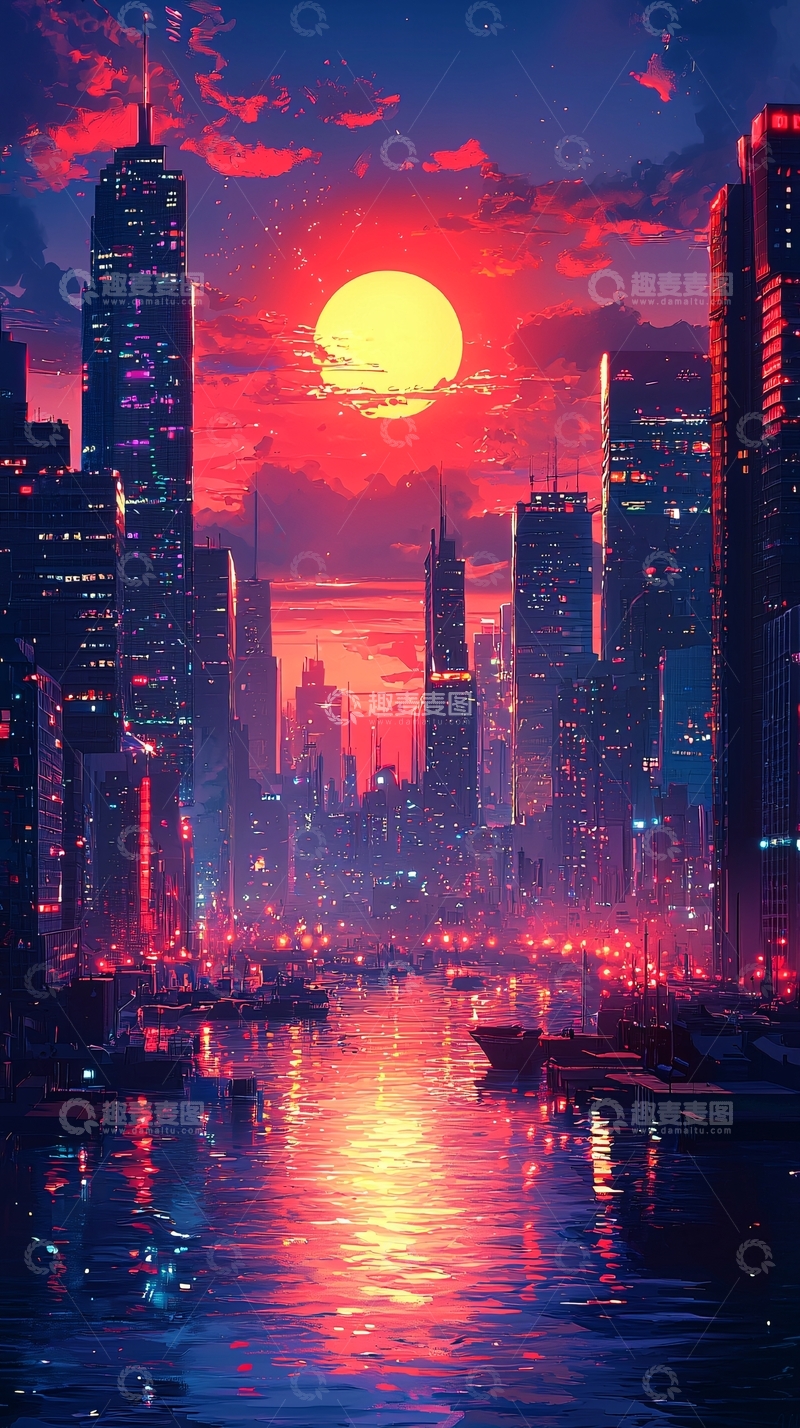 高清大图下载【趣麦麦图】极简城市夜景红日落
