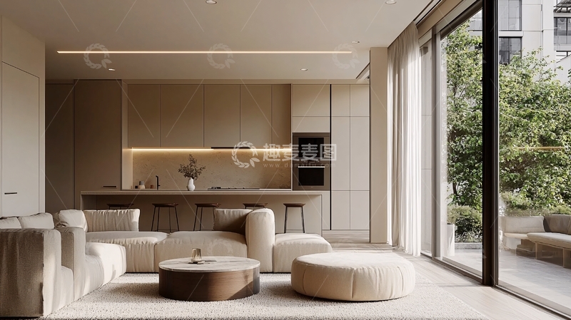 高清大图下载【趣麦麦图】现代极简风开放式厨房客厅