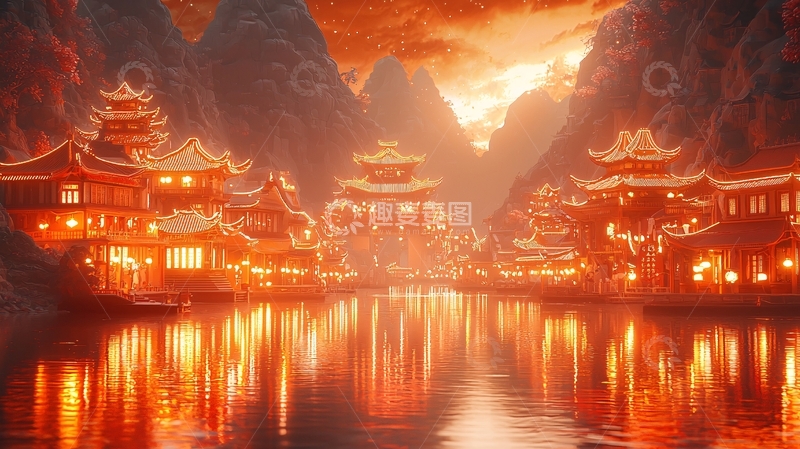 高清大图下载【趣麦麦图】山间古镇夜景