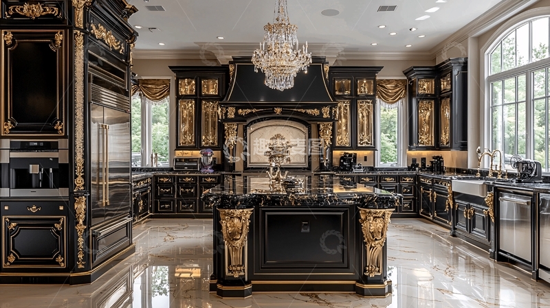 高清大图下载【趣麦麦图】奢华黑色金色欧式厨房