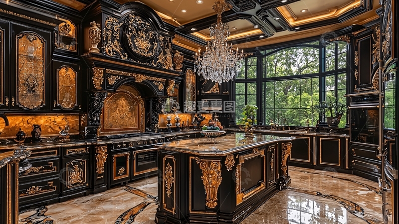 高清大图下载【趣麦麦图】奢华欧式黑色金色厨房