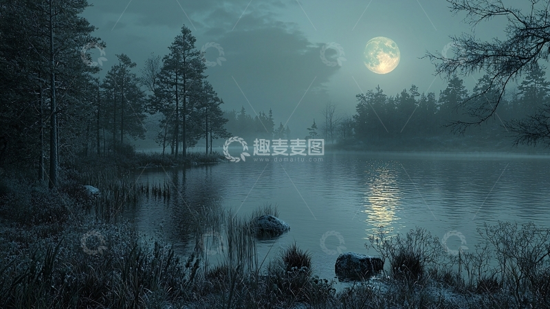 高清大图下载【趣麦麦图】月光下的雾气森林湖泊
