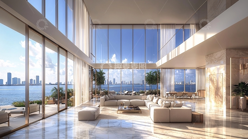 高清大图下载【趣麦麦图】海景别墅落地窗客厅
