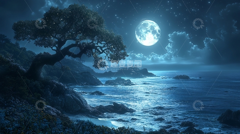 高清大图下载【趣麦麦图】月夜海边树