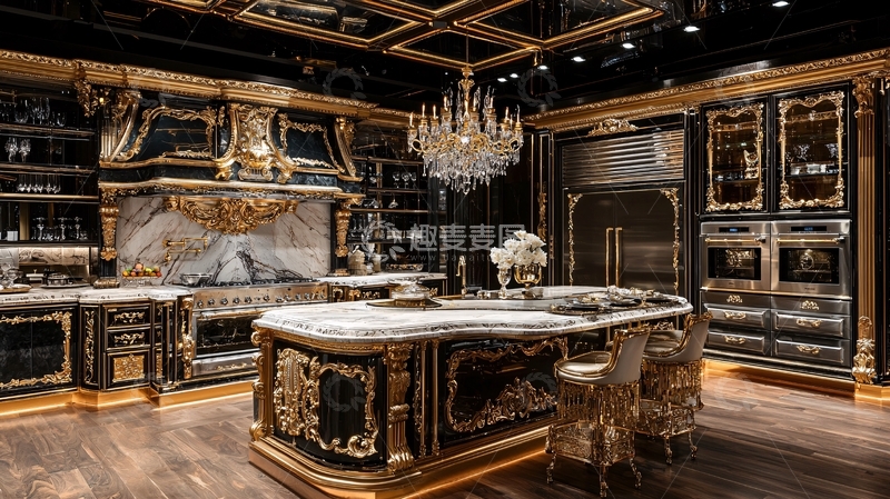 高清大图下载【趣麦麦图】奢华黑色金色欧式厨房