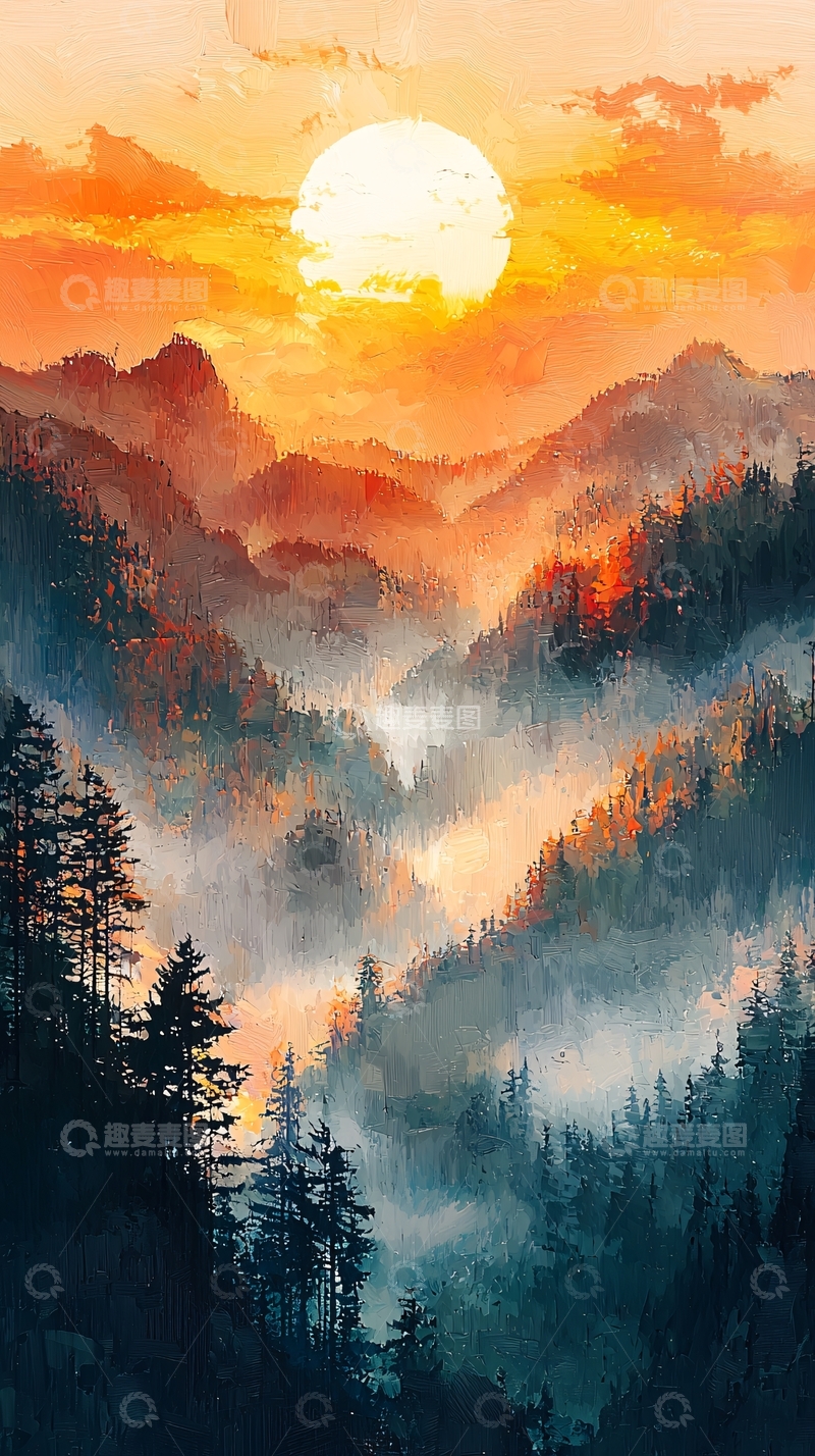 高清大图下载【趣麦麦图】日出山谷雾气缭绕