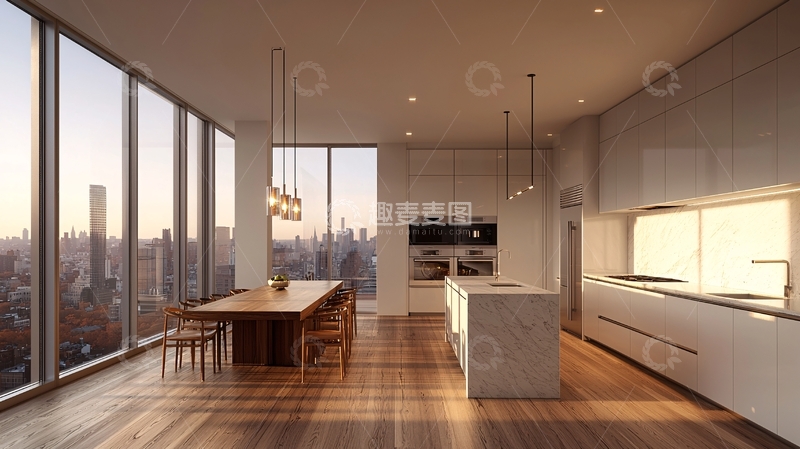 高清大图下载【趣麦麦图】现代简约落地窗厨房餐厅