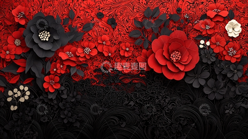 高清大图下载【趣麦麦图】红黑纸花背景